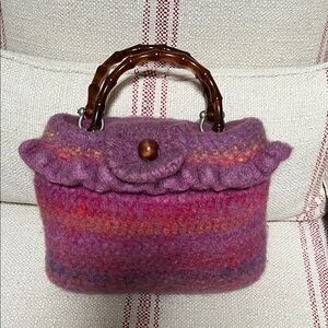 Vintage Wool Handbag with Bamboo Handles and button closure